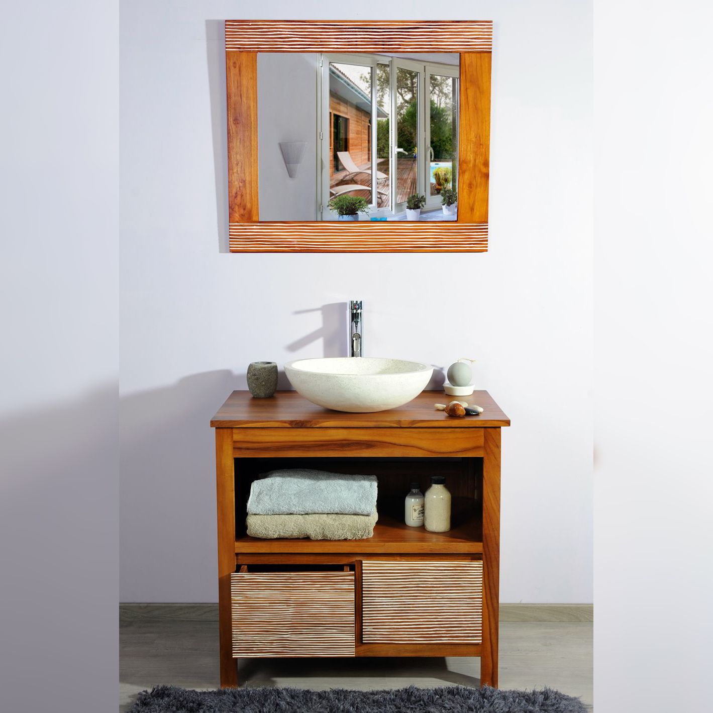 Meuble salle de bain 2 vasques en pierre noire et bois Églantine