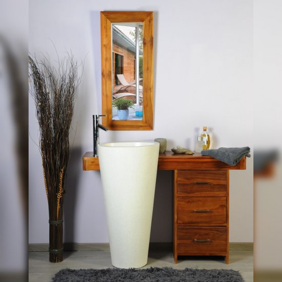 Ensemble de salle de bain en teck 120 avec tiroirs, miroir et vasque blanche - Cleopatra