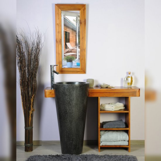 Ensemble de salle de bain en teck 120 avec étagère, miroir et vasque noire - Cleopatra