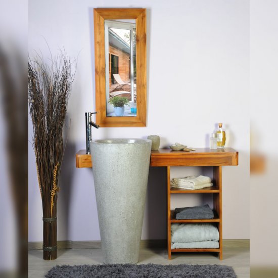 Ensemble de salle de bain en teck 120 avec étagère, miroir et vasque grise - Cleopatra