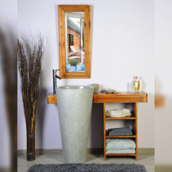 Ensemble de salle de bain en teck 120 avec étagère, miroir et vasque grise - Cleopatra