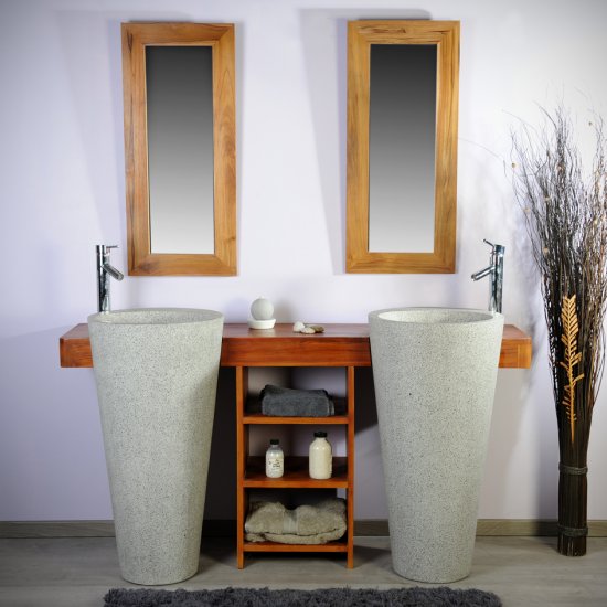 Ensemble de salle bain en teck 160 avec étagère, miroirs et vasques grises - Cleopatra