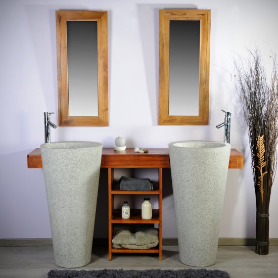 Ensemble de salle bain en teck 160 avec étagère, miroirs et vasques grises - Cleopatra