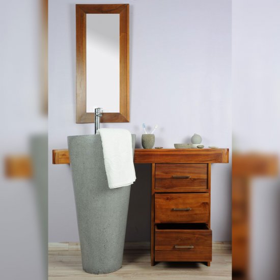 Ensemble de salle de bain en teck 120 avec tiroirs, miroir et vasque grise - Cleopatra