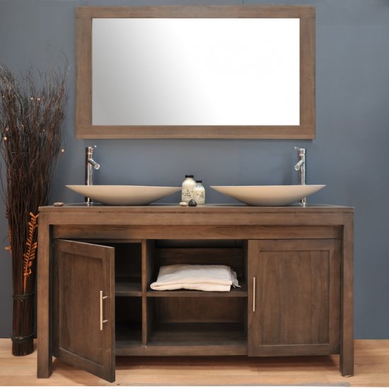 Ensemble de salle de bain en teck A3 140 avec vasques et miroir - Grey