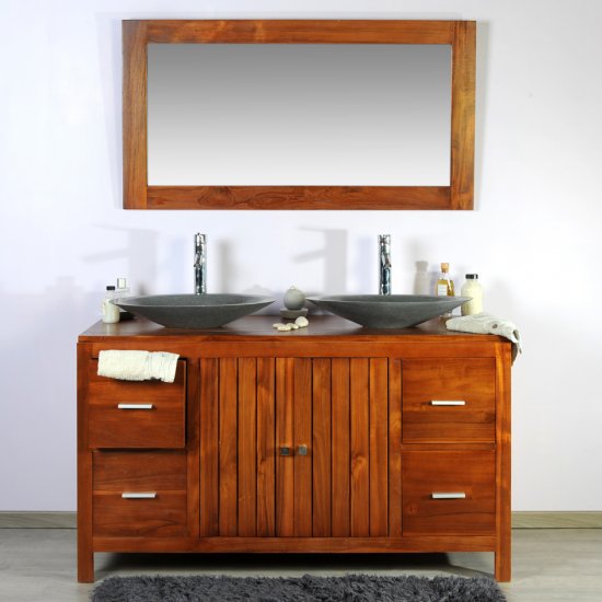 Meuble et miroir teck salle de bain 140 - Baggi naturel